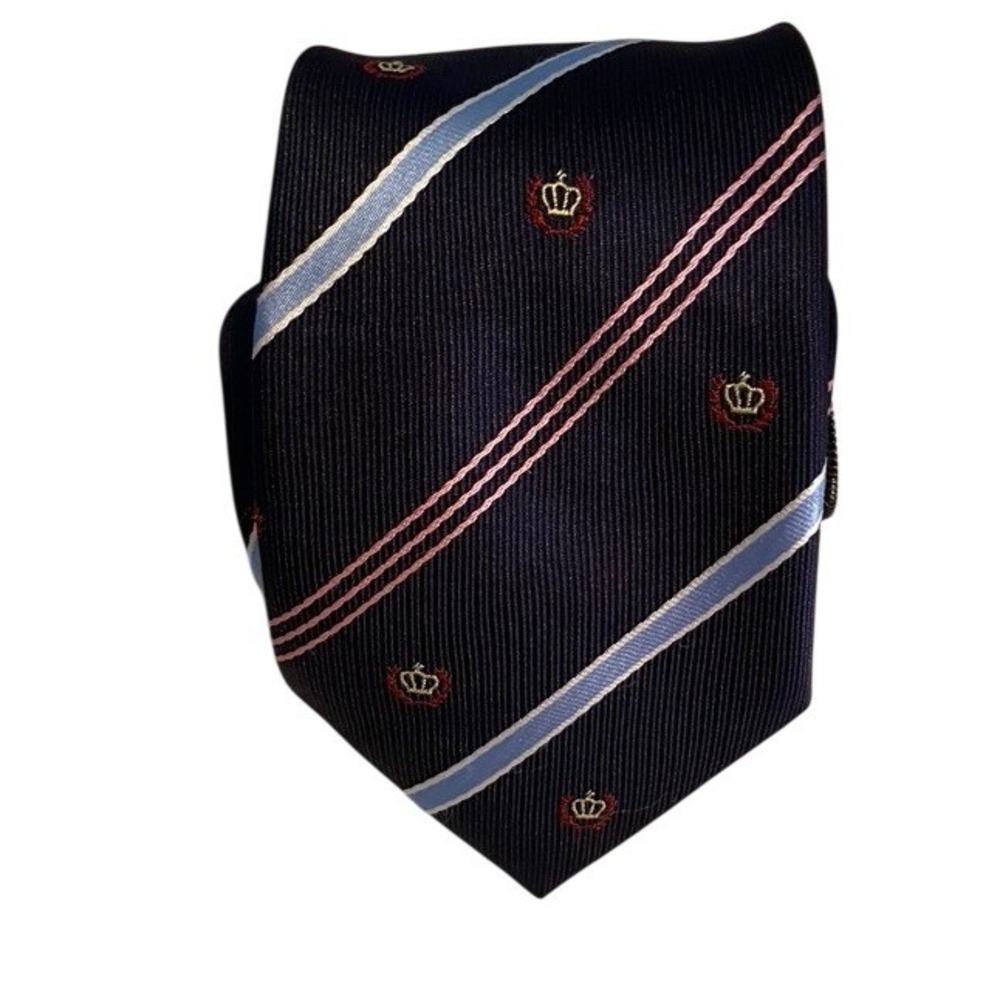 Kailong Mens Zipper Tie Navy Blue Striped Crown Crest Handmade Necktie
